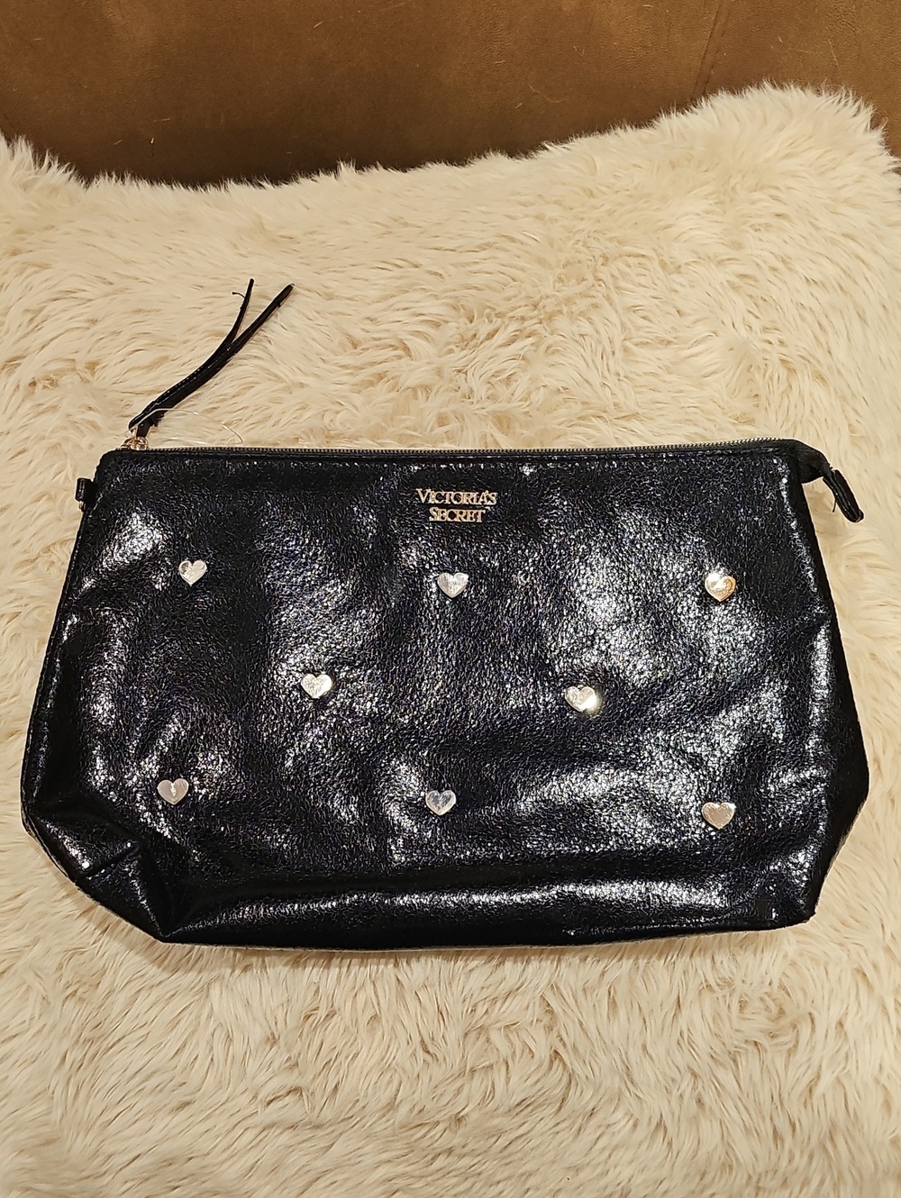 Victoria's Secret Black Shimmery Heart Stud Cosmetic Bag